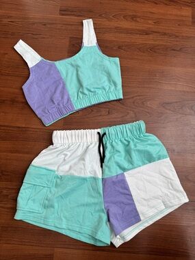 SHEIN Mint Lavender White Colorblock Crop Tank & Shorts Set